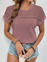 Waffle-Knit Round Neck Short Sleeve Top - Ladyez