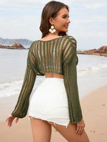 Openwork Boat Neck Long Sleeve Cover-Up - Ladyez