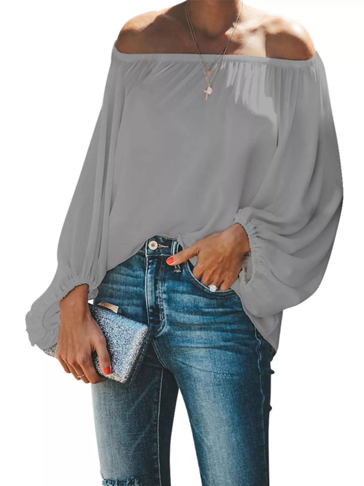 Full Size Off-Shoulder Balloon Sleeve Blouse Plus Size