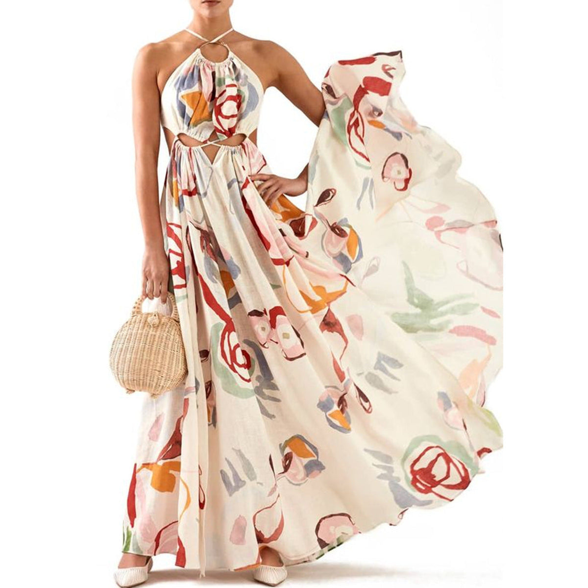 Spring Summer Women Clothing Slim Fit Large Swing Sling Stitching Printing Maxi Dress Beach Dress