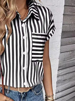 Striped Button-Up Short Sleeve Shirt with Pocket - Ladyez