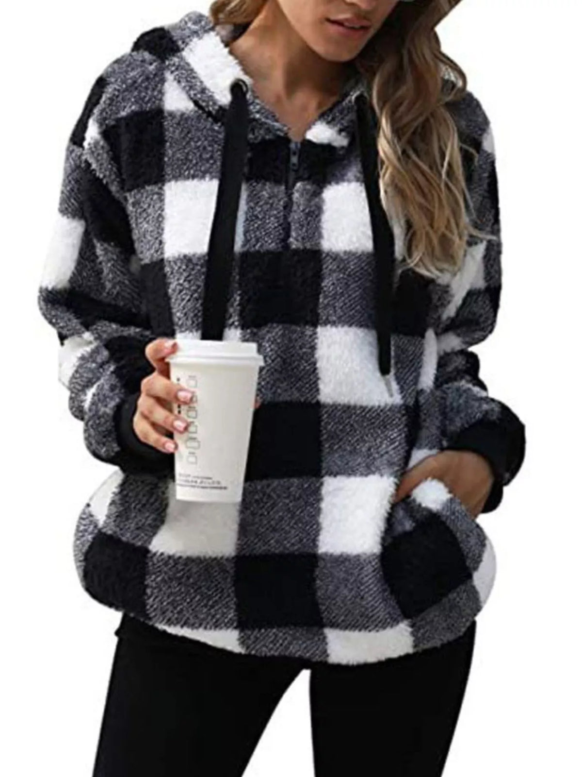 Full Size Plaid Sherpa Drawstring Hoodie Plus Size