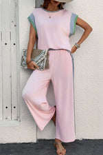 Contrast Round Neck Top and Pants Set - Ladyez