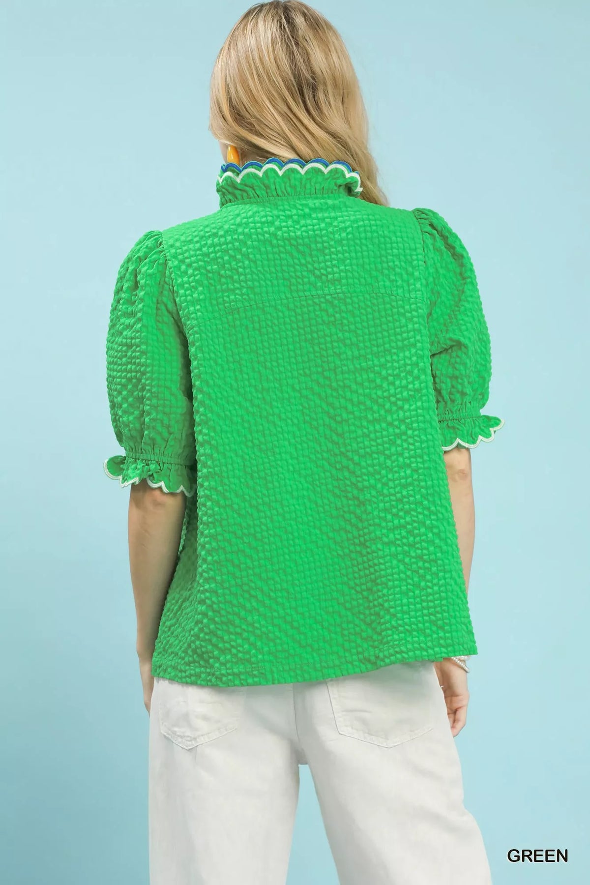 Umgee Textured Puff Sleeve Top with Scalloped Trim