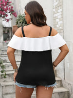 Plus Size Ruffled Contrast Short Sleeve Blouse