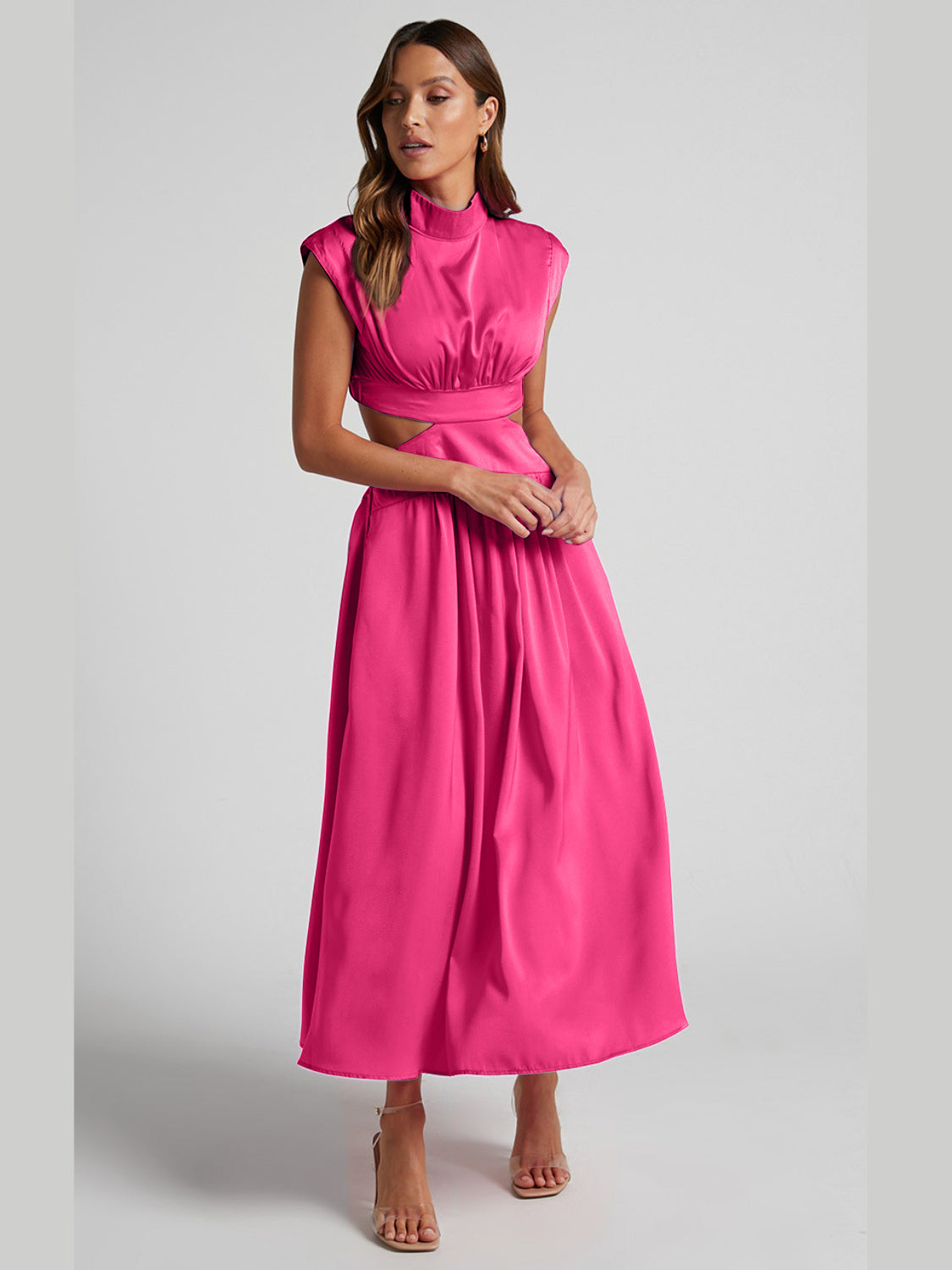 Cutout Mock Neck Sleeveless Ruched Dress - Ladyez