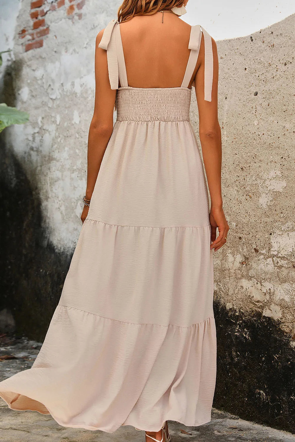 Perfee Tie Shoulder Smocked Tiered Dress - Ladyez