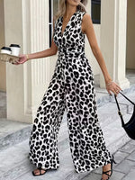 Sleeveless V-Neck Leopard Print Wide Leg Jumpsuit