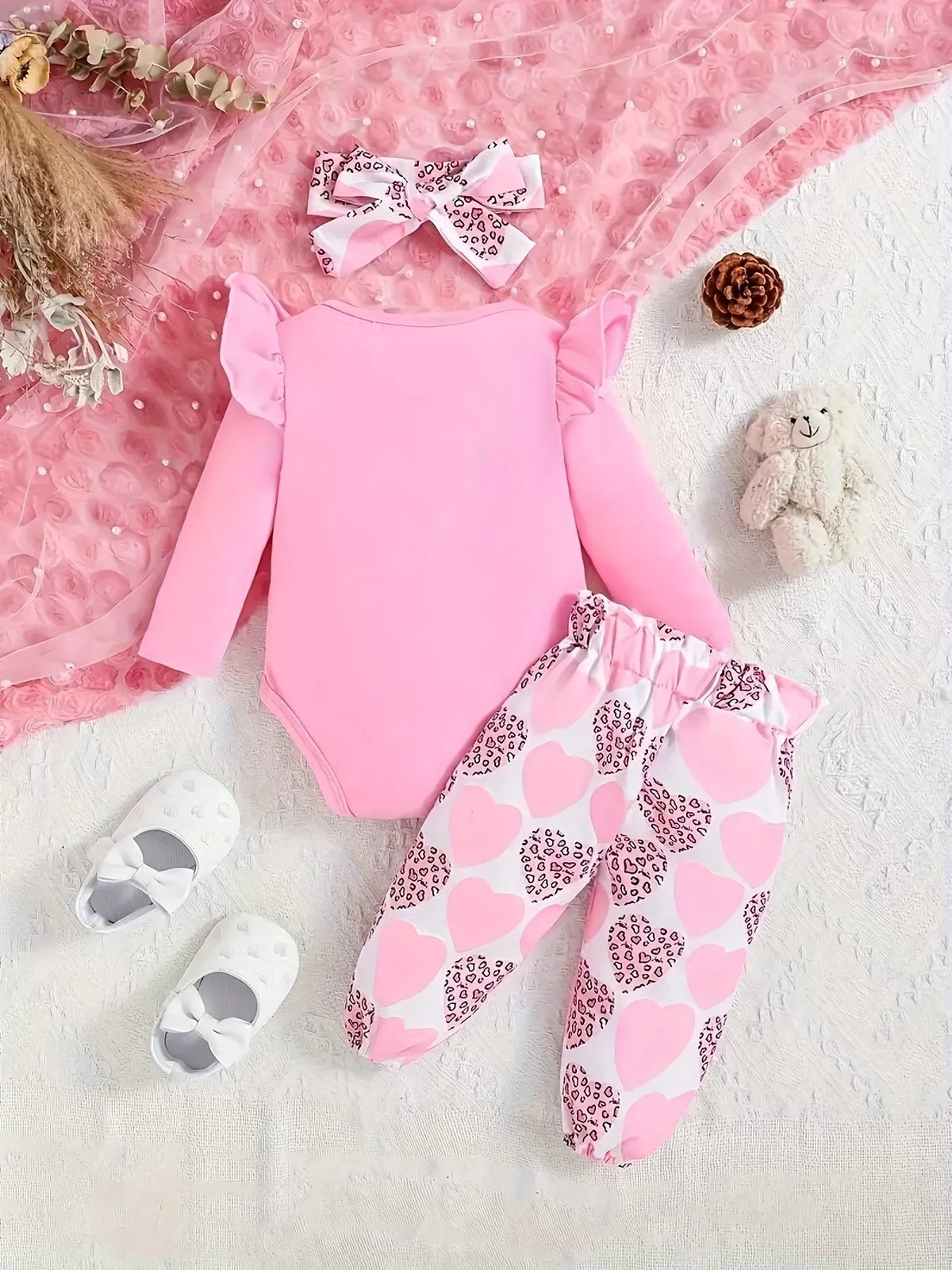 Children's Graphic Ruffled Top and Pants Set with Headband
