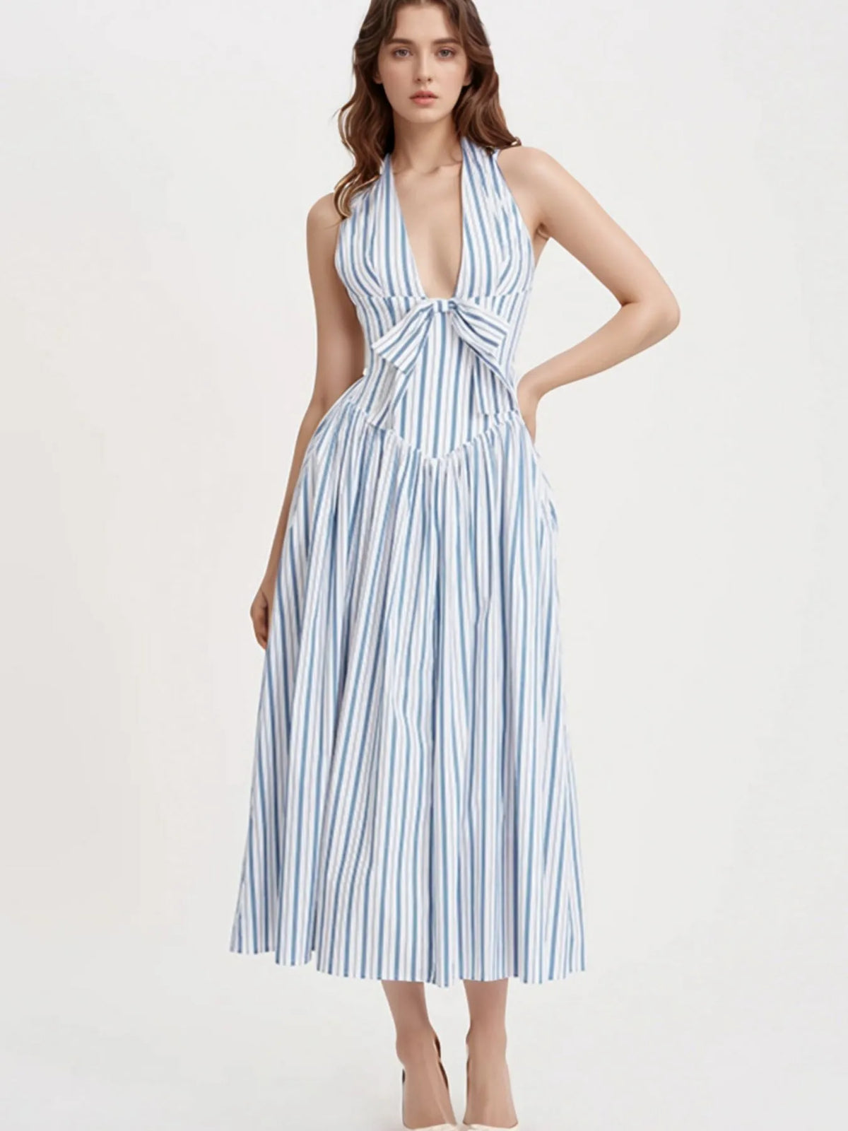 Striped Halter Neck Midi Dress with Tie Front Detail - Ladyez