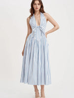 Striped Halter Neck Midi Dress with Tie Front Detail - Ladyez