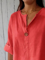 Full Size Linen Blend Notched Blouse Plus Size - Ladyez