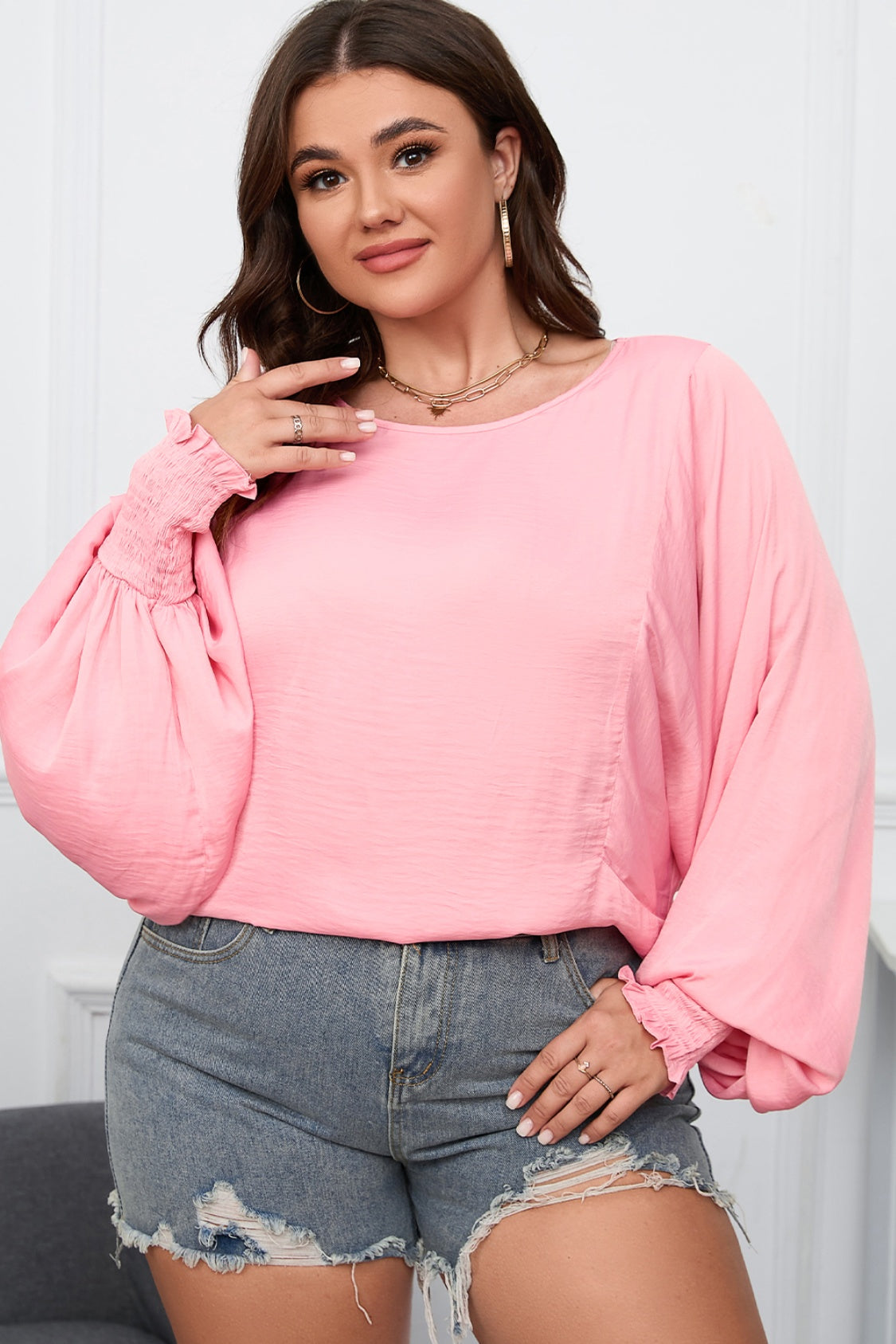 Plus Size Lantern Sleeve Dropped Shoulder Blouse - Ladyez