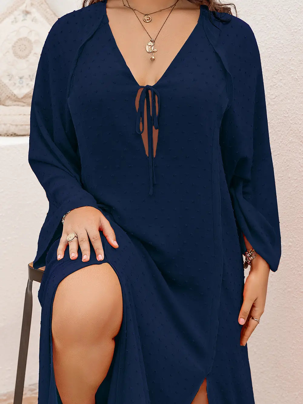 Plus Size Tie Neck Long Sleeve Slit Dress - Ladyez