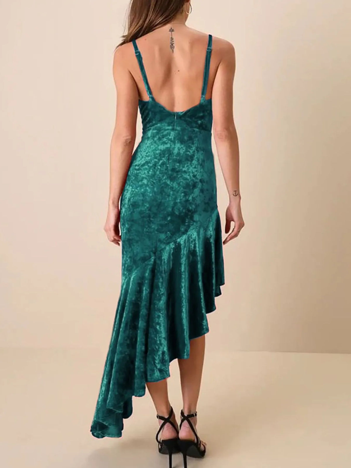 Asymmetrical Velvet Cami Dress with Ruffle Hem - Ladyez