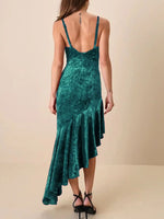 Asymmetrical Velvet Cami Dress with Ruffle Hem - Ladyez