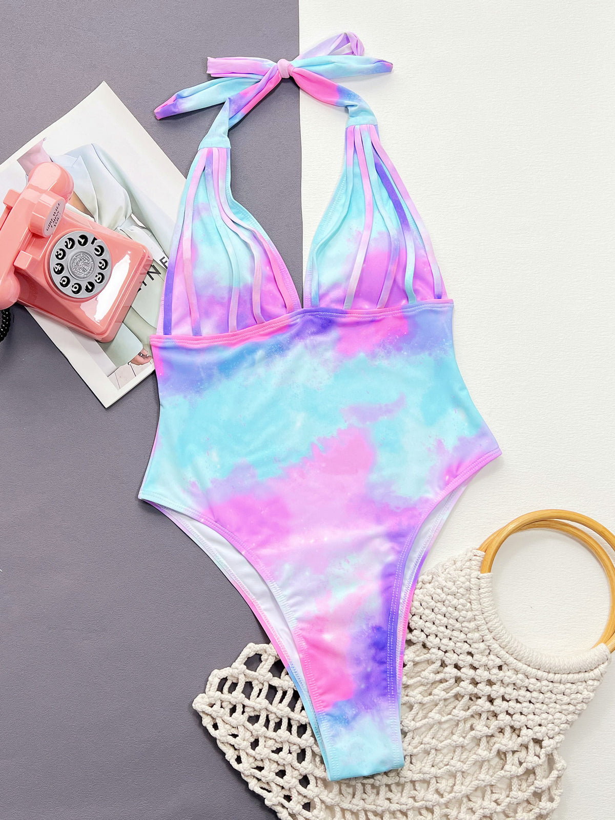 Tie-Dye Halter Neck One-Piece Swimsuit - Ladyez