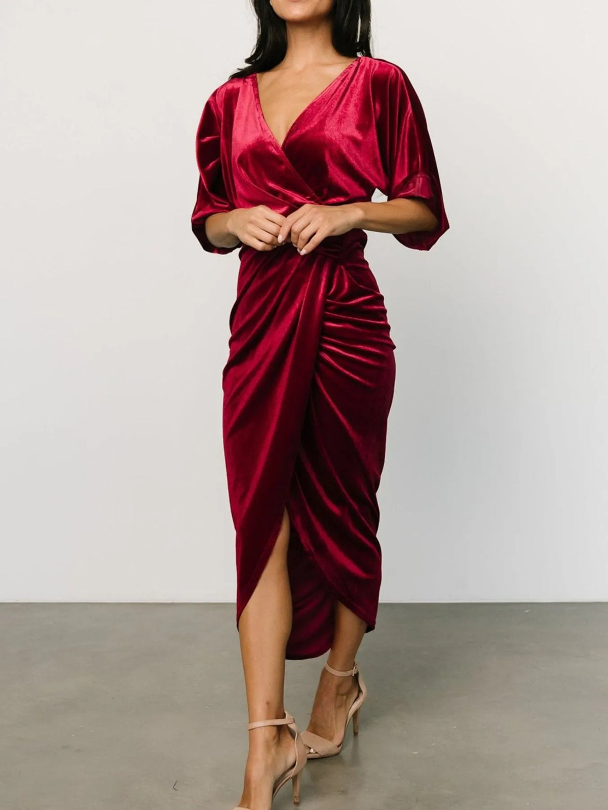 Ruched Surplice Half Sleeve Dress - Ladyez