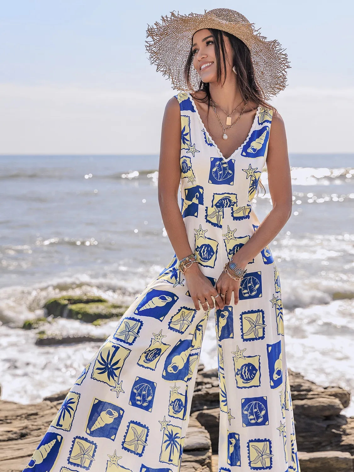 Printed V-Neck Wide Leg Jumpsuit - Ladyez