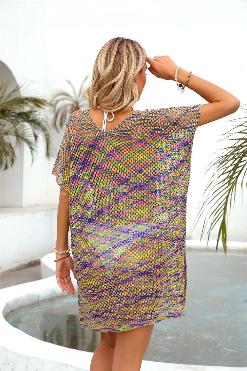 Angel Wings Openwork Contrast Short Sleeve Cover-Up - Ladyez