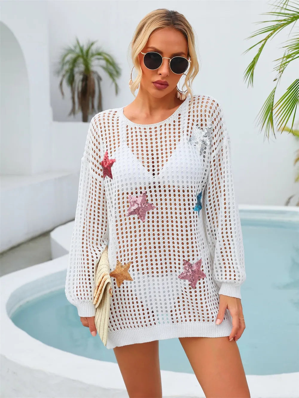 Angel Wings Sequin Star Round Neck Long Sleeve Cover Up - Ladyez