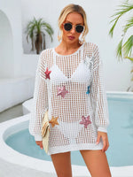 Angel Wings Sequin Star Round Neck Long Sleeve Cover Up - Ladyez