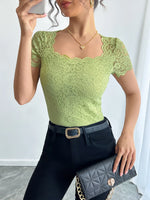 Floral Lace Square Neck T-Shirt - Ladyez