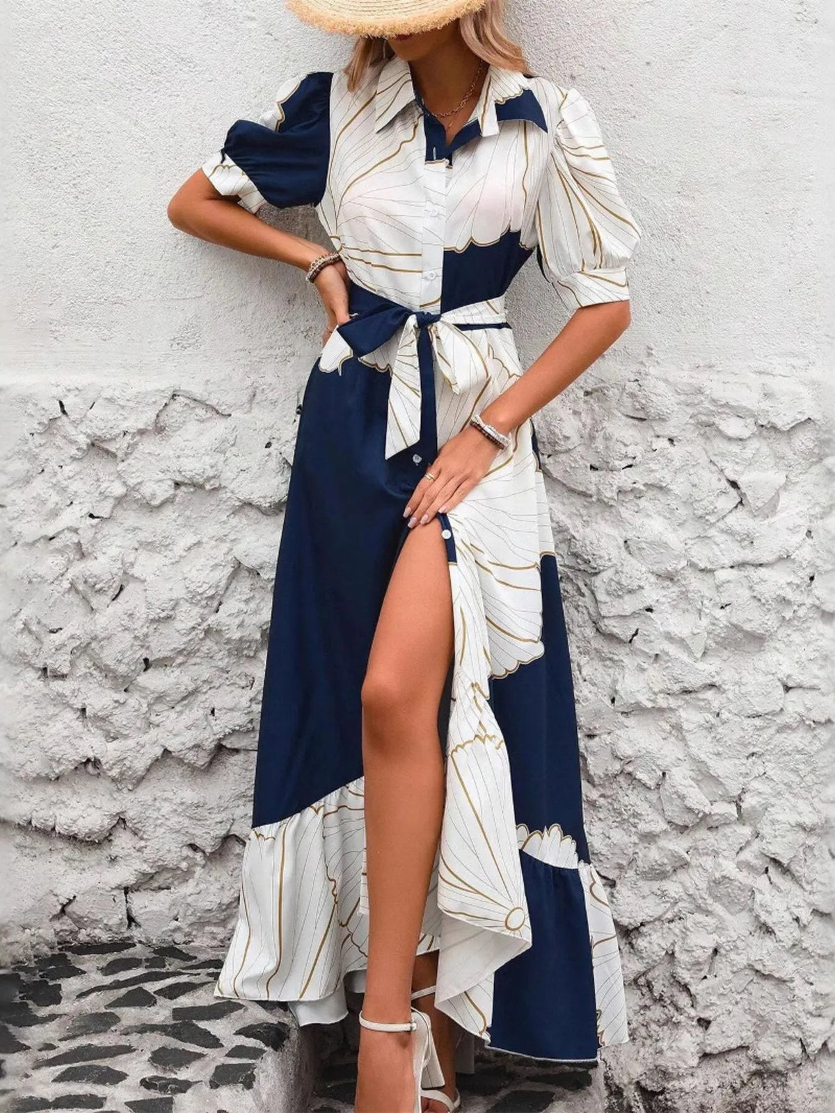 Printed Button Down Half Sleeve Maxi Shirt Dress - Ladyez