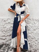 Printed Button Down Half Sleeve Maxi Shirt Dress - Ladyez