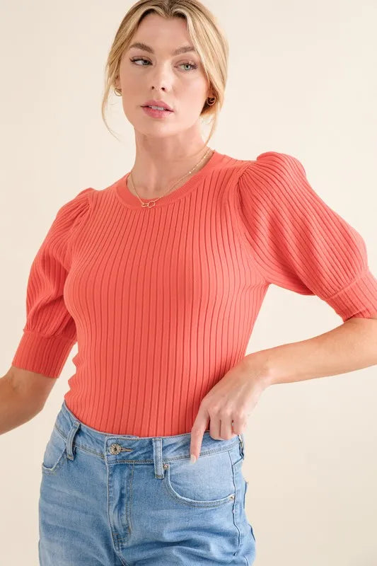 And The Why Puffed Half Sleeve Rib Basic Bodysuit - Ladyez