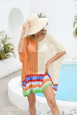 Contrast Scoop Neck Openwork Half Sleeve Cover Up - Ladyez