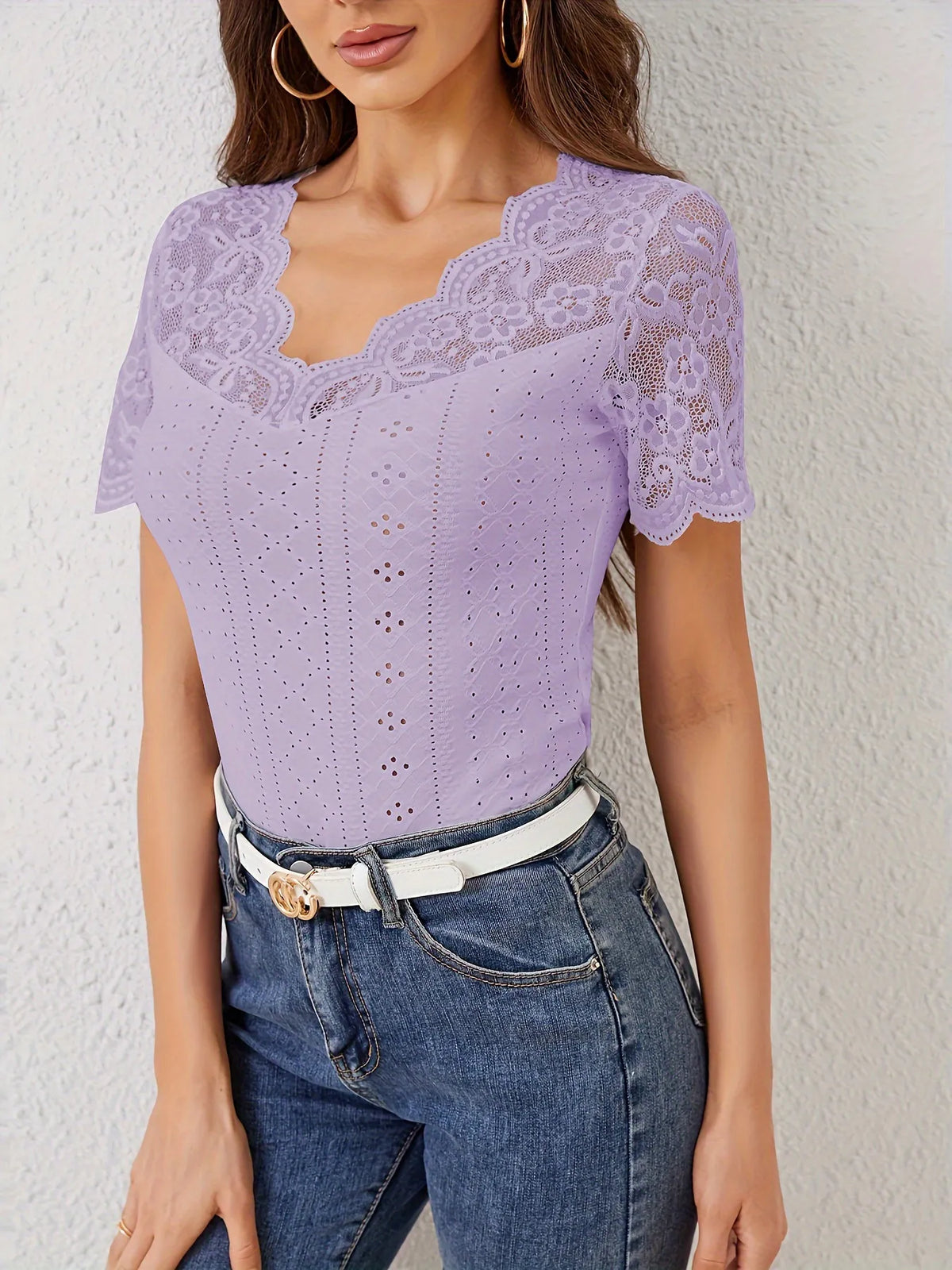 Lace Trim Eyelet Embroidered Summer T-Shirt - Ladyez