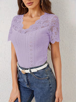 Lace Trim Eyelet Embroidered Summer T-Shirt - Ladyez