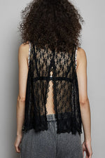 POL Printed Woven Lace Back Round Neck Sleeveless Top