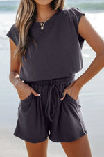 Knit Open Back Cap Sleeve Drawstring Romper - Ladyez