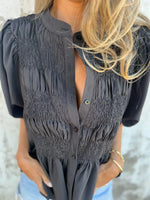 Full Size Smocked Button Front Puff Sleeve Shirt Plus Size
