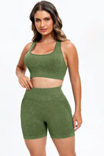 3 Piece Washed Square Neck Wide Strap Active Set - Ladyez