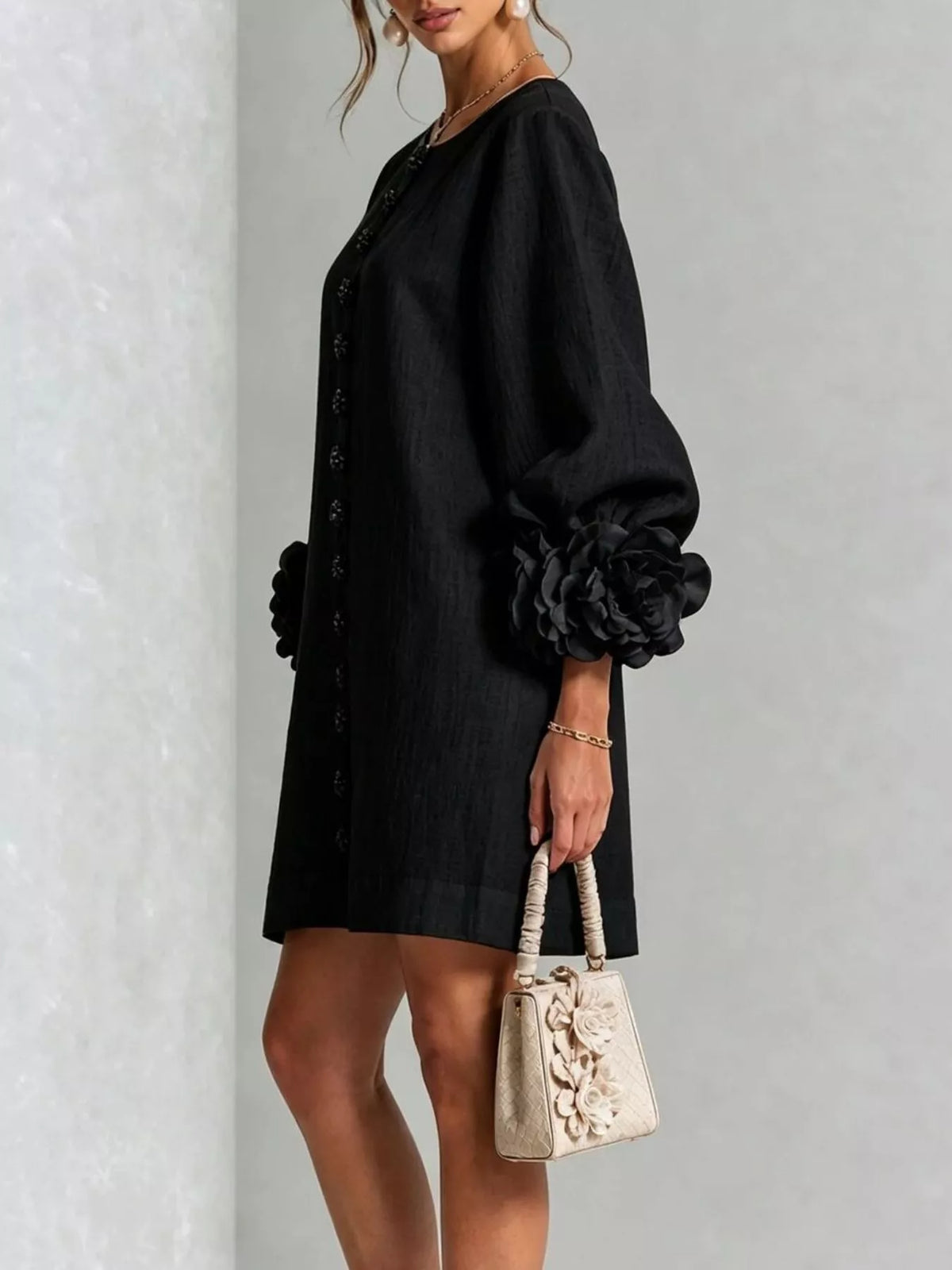 3D Floral 3/4 Sleeve Mini Dress