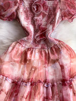Smocked Floral Tiered Mesh Midi Dress