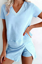 Casual V-Neck Short Sleeve Top and Skort Set