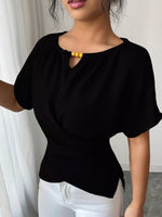 Beaded Neckline Short Sleeve Blouse