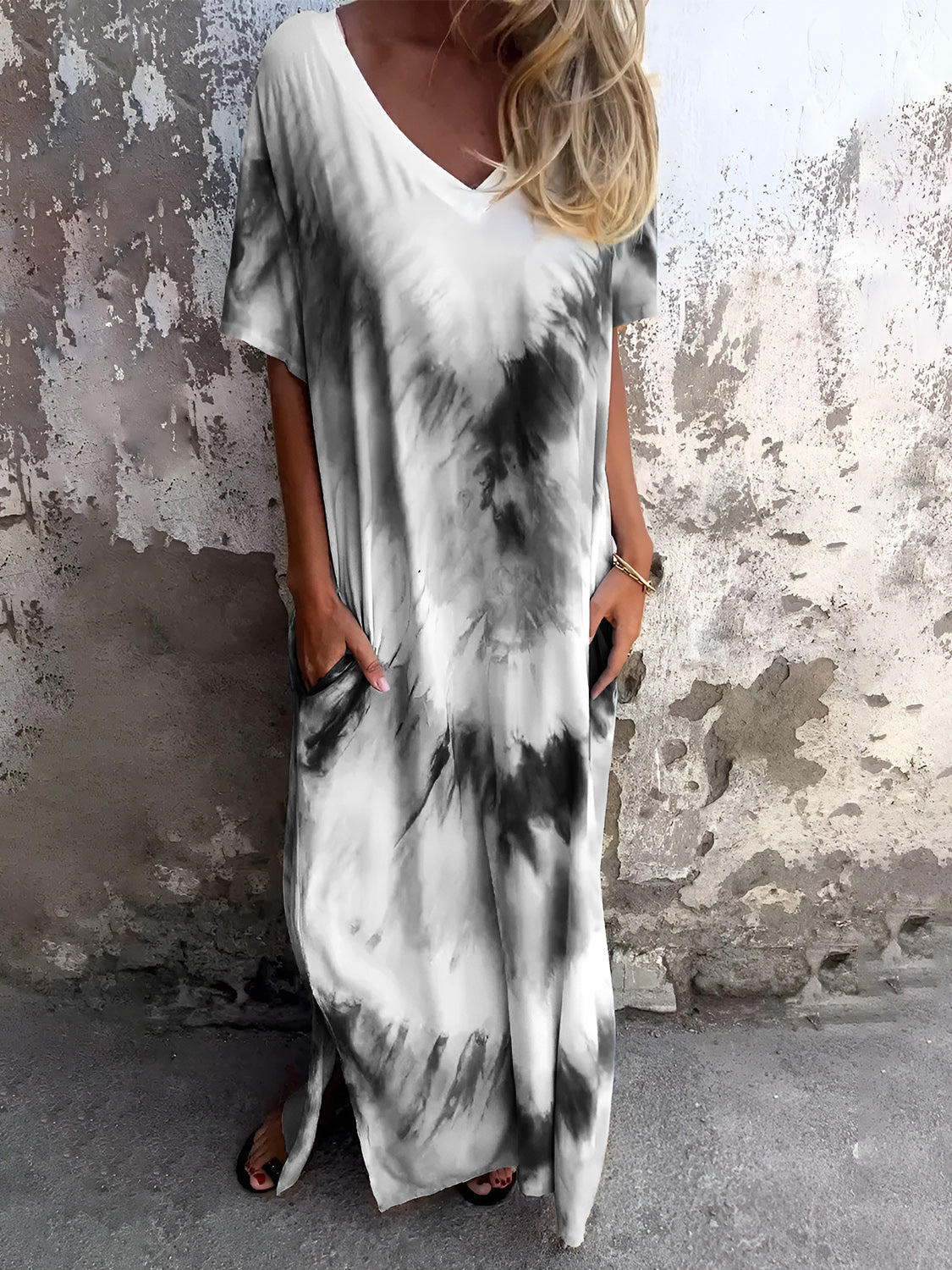 Full Size Pocketed Tie-Dye Short Sleeve Dress - Ladyez
