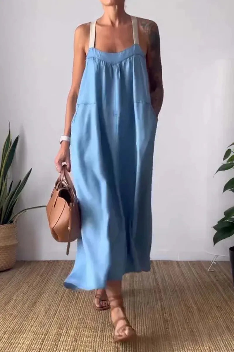 Full Size Ruched Cami Maxi Dress with Pockets Plus Size - Ladyez