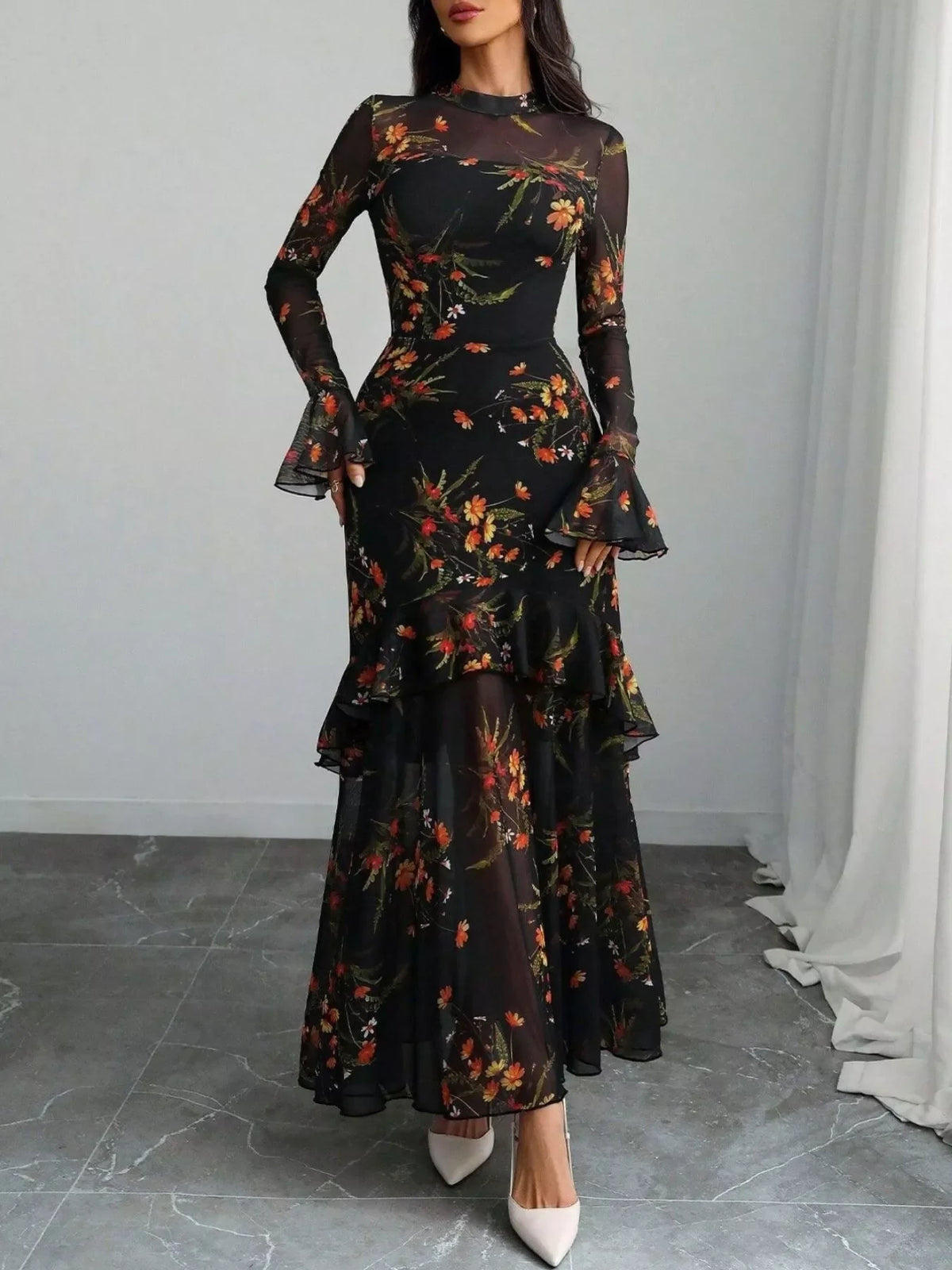 Floral Print Flounce Sleeve Mermaid Maxi Dress