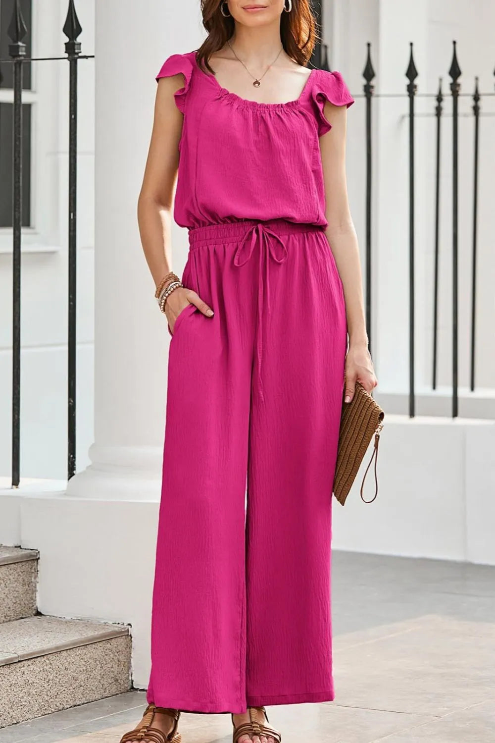 Ruffled Cap Sleeve Wide Leg Jumpsuit - Ladyez