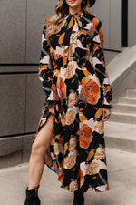 Printed Tie Neck Flounce Sleeve Dress - Ladyez