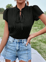 Frill Swiss Dot Tie Neck Short Sleeve Blouse