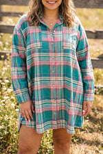 Plus Size Plaid Button-Up Shift Long Sleeve Dress