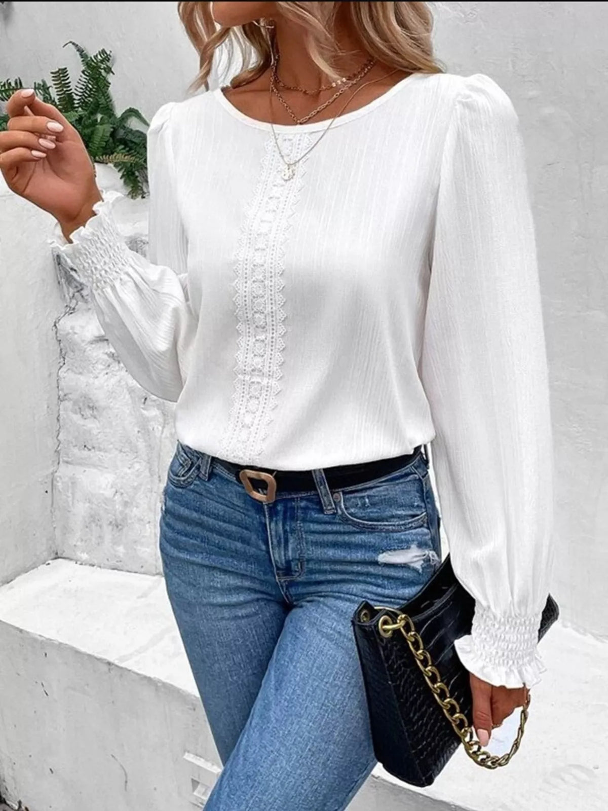 Lace Trim Long Sleeve Blouse