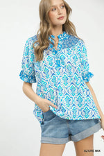 Umgee Mix Boho Puff Sleeve Smocked Top